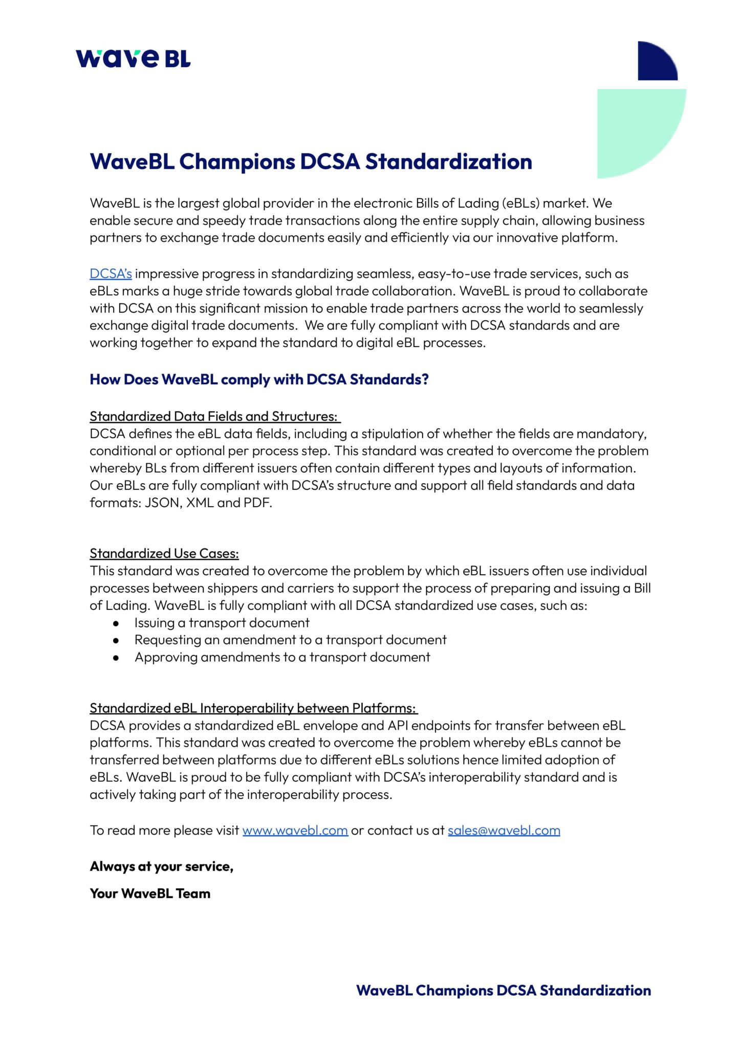 DCSA Standardization One Pager - WaveBL