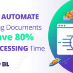 "Graphic promoting the benefits of automating shipping documents with WaveBL, featuring the headline 'How to Automate Shipping Documents and Save 80% of Processing Time.' The design includes icons of ships, a digital clock, and electronic bill of lading (eBL) documents, highlighting the efficiency and time-saving advantages of using WaveBL's platform."