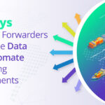 "Illustration titled '7 Ways Freight Forwarders Can Use Data to Automate Shipping Documents' by WaveBL, showing various shipping containers and ships with data arrows pointing towards document automation, representing how data streamlines freight forwarding operations."