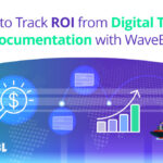 Illustration showing ROI tracking for digital trade documentation with WaveBL, featuring a magnifying glass over a dollar symbol, upward growth chart, and a cargo ship, representing financial insights, efficiency, and global trade solutions